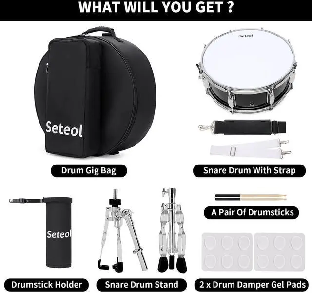 Alt view image 7 of 7 - Snare Drum Set, 14" x 5.5" Marching Snare Drum with Stand & Bag | Silent Mute Pad + Drums Sticks + Drumstick Holder + Drums Key + Damper Gels for Adults (Black)