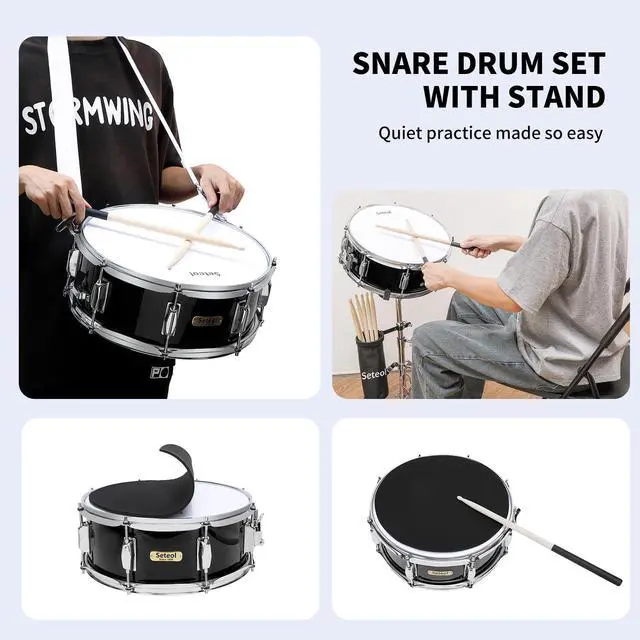 Alt view image 3 of 7 - Snare Drum Kit, 14" x 5.5" Marching Snare Drum + Storage Padded Bag | Silent Mute Pad + Pair Of 5A Drumsticks + Drums Key, Portable Drums Hardware Set for Adults (Black)