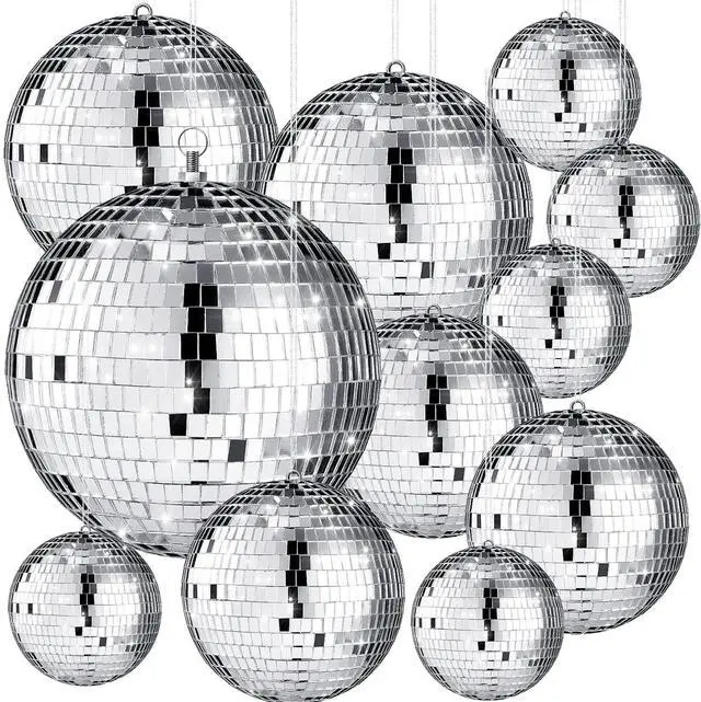Main image of 12 Pack Bulk Large Disco Ball Decorations, Silver Mirror Hanging Disco Balls Ornaments for Christmas Tree, Mothers Day, 70s 80s Party, Wedding, Prom, DIY Decor(8'', 6'', 4'', 3'')