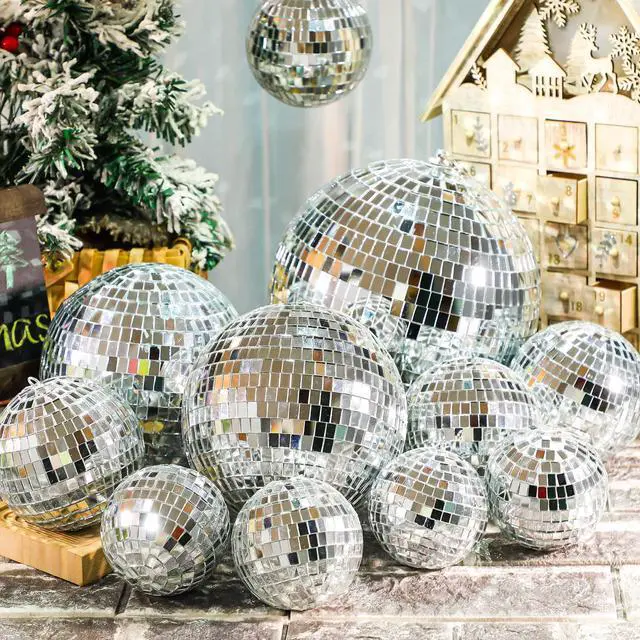 Alt view image 2 of 7 - 12 Pack Bulk Large Disco Ball Decorations, Silver Mirror Hanging Disco Balls Ornaments for Christmas Tree, Mothers Day, 70s 80s Party, Wedding, Prom, DIY Decor(8'', 6'', 4'', 3'')