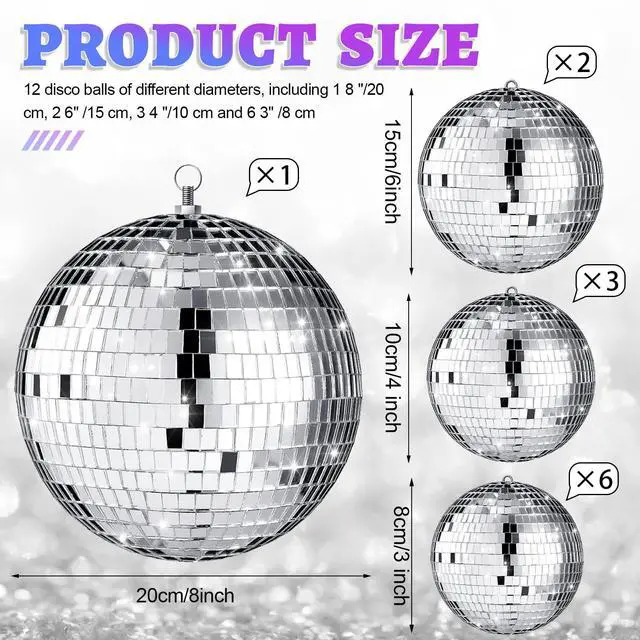 Alt view image 3 of 7 - 12 Pack Bulk Large Disco Ball Decorations, Silver Mirror Hanging Disco Balls Ornaments for Christmas Tree, Mothers Day, 70s 80s Party, Wedding, Prom, DIY Decor(8'', 6'', 4'', 3'')