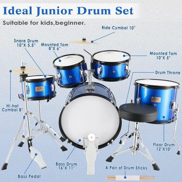 Alt view image 2 of 7 - 5 Piece 16" Junior Drum Sets for Younth Drummer Beginner,Blue | Drum Set for 7-12 Years Old with Throne,Cymbal,Pedal,Drumsticks
