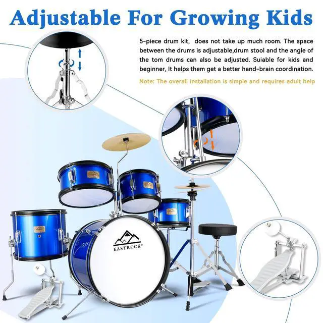 Alt view image 4 of 7 - 5 Piece 16" Junior Drum Sets for Younth Drummer Beginner,Blue | Drum Set for 7-12 Years Old with Throne,Cymbal,Pedal,Drumsticks