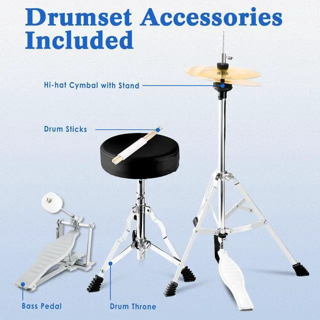 Alt view image 5 of 7 - 5 Piece 16" Junior Drum Sets for Younth Drummer Beginner,Blue | Drum Set for 7-12 Years Old with Throne,Cymbal,Pedal,Drumsticks