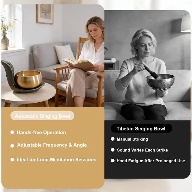 Alt view image 4 of 7 - Automatic Singing Bowl Hands-Free Sound Healing Bowl for Meditation, Yoga, Mindfulness, Energy Healing, Deep Relaxation & Sleep,Auto-Striking Tibetan Singing Bowl with Resonant Tone