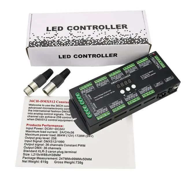 Alt view image 6 of 7 - 36CH DMX RGBW LED Digital Display Decoder, DMX512 Controller for RGBW LED Lights DC9-24V 2A/CH with 14 Built-in Effects(36 Channel with Display)