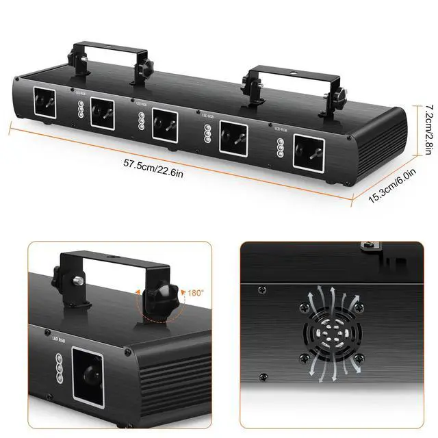 Alt view image 4 of 7 - Stage Laser Light, 5 Beam Sound Activated DJ Party Lights RGBYC LED Music Projector with Remote Control DMX for Dancing Birthday Bar Pub Stage