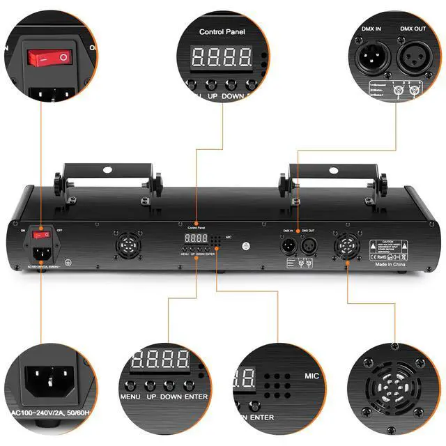 Alt view image 5 of 7 - Stage Laser Light, 5 Beam Sound Activated DJ Party Lights RGBYC LED Music Projector with Remote Control DMX for Dancing Birthday Bar Pub Stage