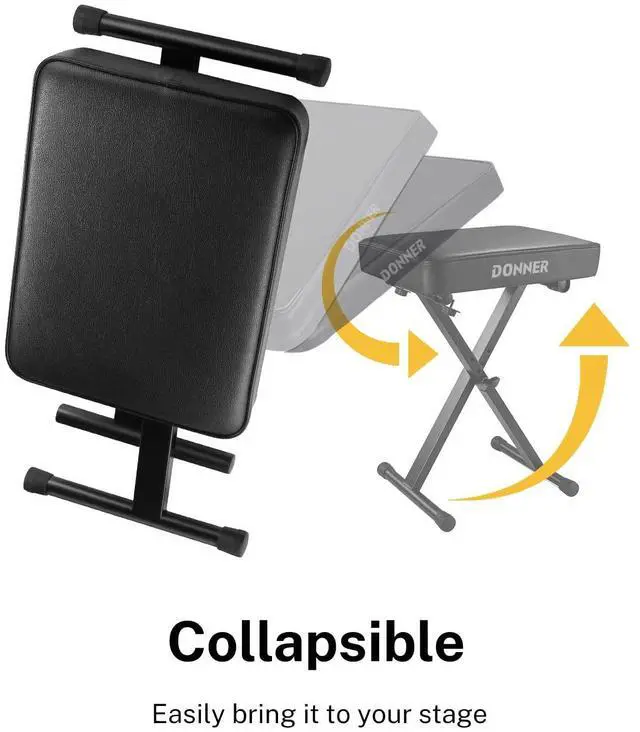 Alt view image 4 of 6 - Piano Bench, Adjustable Keyboard Bench Portable Stool Collapsible Chair Foldable Seat X-Style, 2.4 Inch Thickness High-Density Sponge Padded, Non-Skid Design, Black
