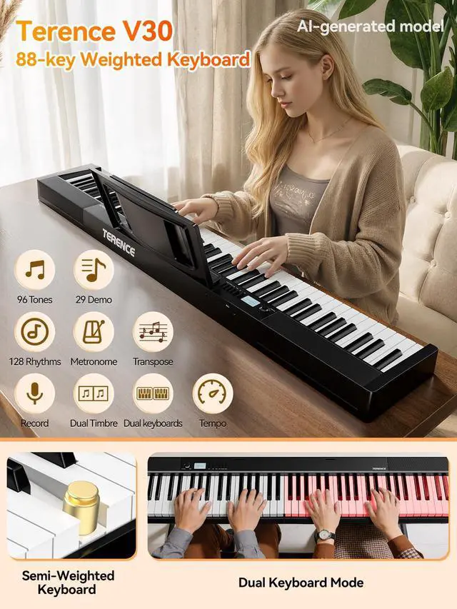 Alt view image 2 of 7 - V30 Foldable 88 Key Weighted Keyboard Piano for Beginners,Black | V30 Portable 88 Key Piano Keyboard,88 Key Weighted Folding Keyboard,1800mAh Battery,2X5W Speakers,Music Stand,Sustain Pedal