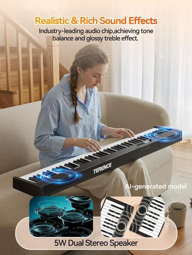 Alt view image 3 of 7 - V30 Foldable 88 Key Weighted Keyboard Piano for Beginners,Black | V30 Portable 88 Key Piano Keyboard,88 Key Weighted Folding Keyboard,1800mAh Battery,2X5W Speakers,Music Stand,Sustain Pedal