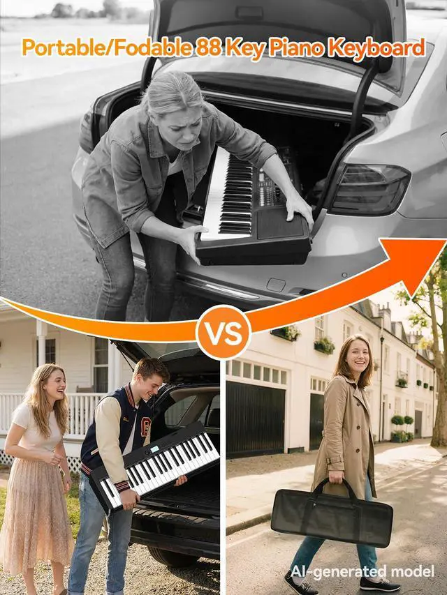 Alt view image 4 of 7 - V30 Foldable 88 Key Weighted Keyboard Piano for Beginners,Black | V30 Portable 88 Key Piano Keyboard,88 Key Weighted Folding Keyboard,1800mAh Battery,2X5W Speakers,Music Stand,Sustain Pedal