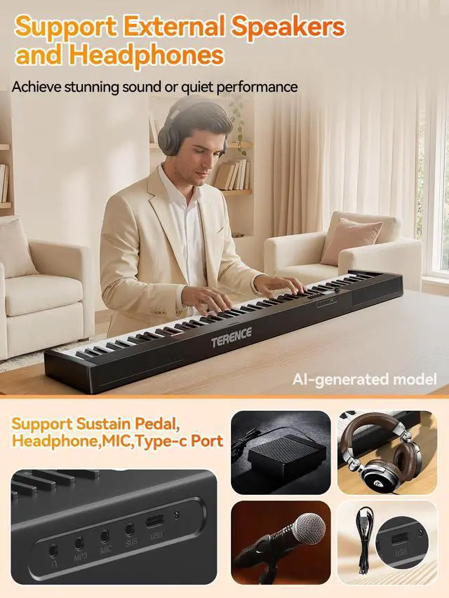 Alt view image 7 of 7 - V30 Foldable 88 Key Weighted Keyboard Piano for Beginners,Black | V30 Portable 88 Key Piano Keyboard,88 Key Weighted Folding Keyboard,1800mAh Battery,2X5W Speakers,Music Stand,Sustain Pedal