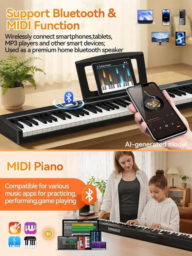 Alt view image 6 of 7 - V30 Foldable 88 Key Weighted Keyboard Piano for Beginners,Black | V30 Portable 88 Key Piano Keyboard,88 Key Weighted Folding Keyboard,1800mAh Battery,2X5W Speakers,Music Stand,Sustain Pedal