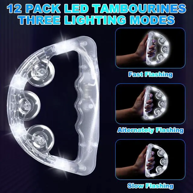 Alt view image 3 of 7 - 50 Pack LED Light up Tambourines with Flashing Lights Tambourine for Adults, Glow in The Dark Half Moon Handheld Percussion Musical Instrument for Weddings Dance Floor Props(White Lights)