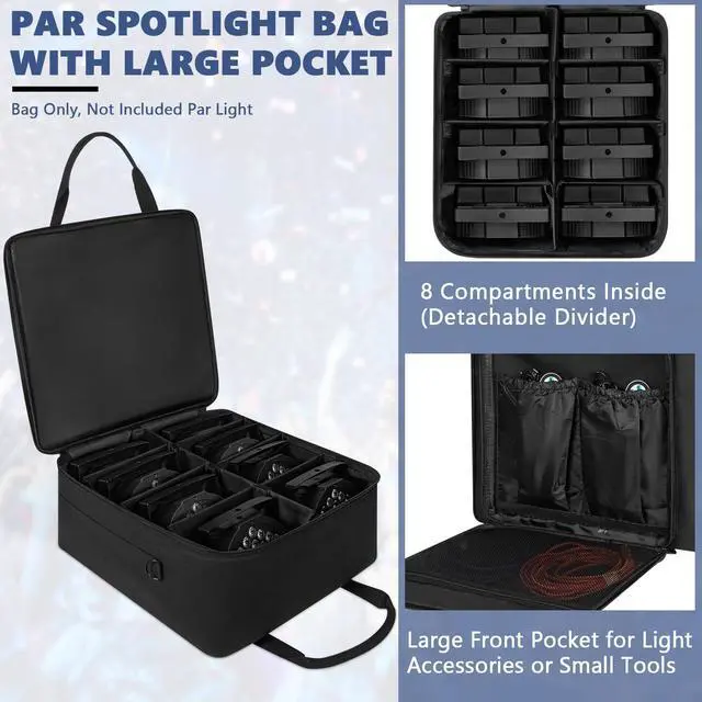 Alt view image 3 of 7 - 8 Par Spotlight Bag 5/16'' Padded Stage Lighting Storage Bag | for 8 Par Lights Bag with Dividers, Handle and Straps, Black (Bag Only)