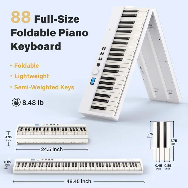 Alt view image 3 of 6 - 88 Key Folding Piano Keyboard Electric Piano | Portable Semi-Weighted Keyboard Piano Support MIDI, Built-in Speakers, Battery, Travel Piano for Beginners