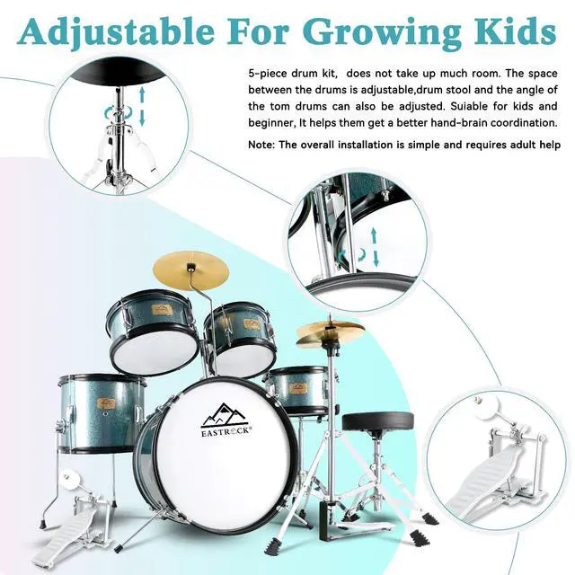 Alt view image 4 of 7 - 5 Piece 16" Junior Drum Sets for Younth Drummer Beginner,Gray | Drum Set for 7-12 Years Old with Throne,Cymbal,Pedal,Drumsticks