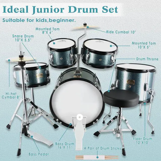 Alt view image 2 of 7 - 5 Piece 16" Junior Drum Sets for Younth Drummer Beginner,Gray | Drum Set for 7-12 Years Old with Throne,Cymbal,Pedal,Drumsticks