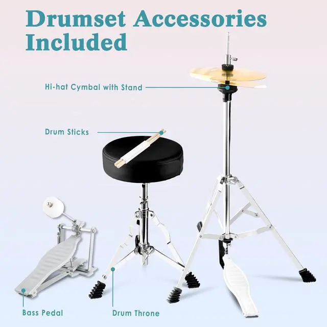 Alt view image 5 of 7 - 5 Piece 16" Junior Drum Sets for Younth Drummer Beginner,Gray | Drum Set for 7-12 Years Old with Throne,Cymbal,Pedal,Drumsticks