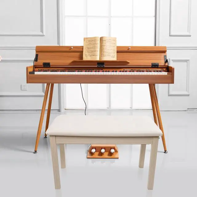 Alt view image 2 of 6 - Duet Piano Bench with Padded Cushion and Storage - Solid Wood Keyboard Bench Bookcase Stool Chair Seat Vanity Stool Tufted Wooden Piano Seat, Comfortable Sponges Pad,Apricot
