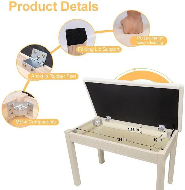 Alt view image 5 of 6 - Duet Piano Bench with Padded Cushion and Storage - Solid Wood Keyboard Bench Bookcase Stool Chair Seat Vanity Stool Tufted Wooden Piano Seat, Comfortable Sponges Pad,Apricot