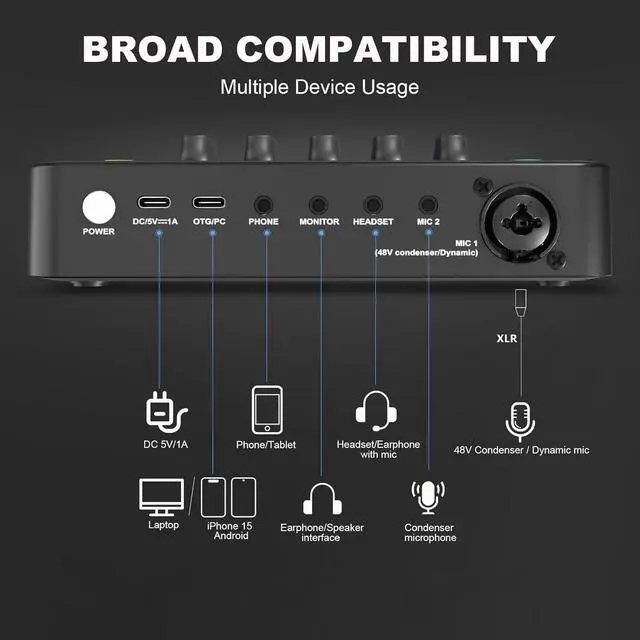 Alt view image 7 of 7 - Podcast Equipment Bundle for 2, RGB Audio Interface with XLR Condenser Microphone, and 3.5mm Mic, Mute,48V Phantom Power for Streaming,Gaming,Recording-Black (H1)