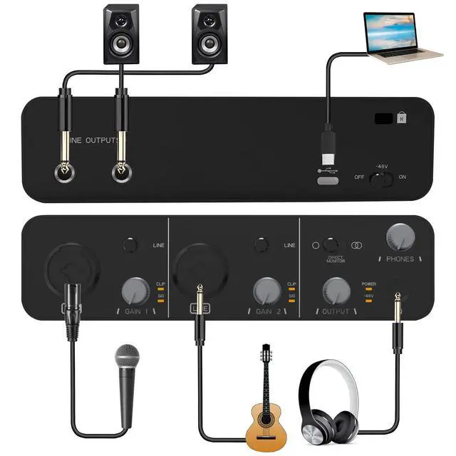Alt view image 3 of 7 - USB Audio Interface +48V Phantom Power 24Bit/192kHz for Recording Podcasting and Streaming Ultra-low Latency Plug and Play Noise-Free XLR Audio Interafce for PC
