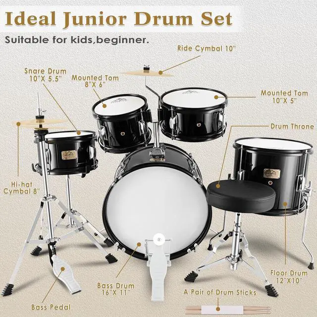 Alt view image 2 of 7 - 5 Piece 16" Junior Drum Sets for Younth Drummer Beginner,Black | Drum Set for 7-12 Years Old with Throne,Cymbal,Pedal,Drumsticks