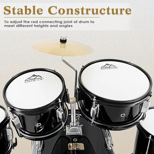 Alt view image 3 of 7 - 5 Piece 16" Junior Drum Sets for Younth Drummer Beginner,Black | Drum Set for 7-12 Years Old with Throne,Cymbal,Pedal,Drumsticks