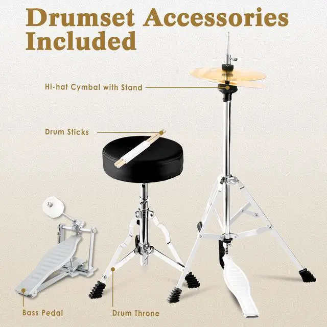 Alt view image 5 of 7 - 5 Piece 16" Junior Drum Sets for Younth Drummer Beginner,Black | Drum Set for 7-12 Years Old with Throne,Cymbal,Pedal,Drumsticks