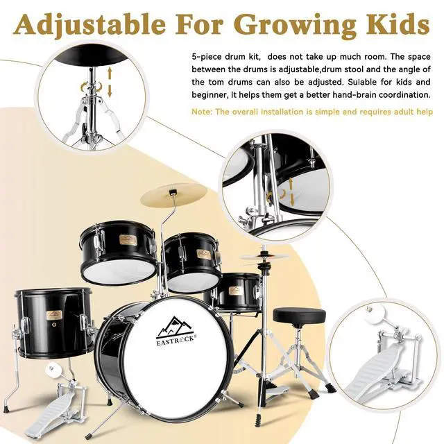 Alt view image 4 of 7 - 5 Piece 16" Junior Drum Sets for Younth Drummer Beginner,Black | Drum Set for 7-12 Years Old with Throne,Cymbal,Pedal,Drumsticks