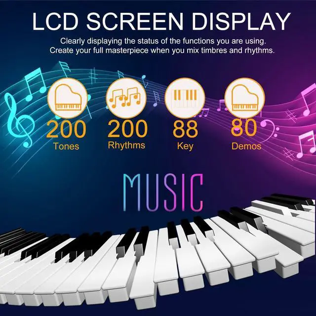 Alt view image 2 of 7 - 88 Key Digital Piano, Semi Weighted Electronic Keyboard Piano with Music Stand, Power Supply, Sustain Pedal, Bluetooth, Carrying Case, Headphones, USB-MIDI Compatibility, for Beginner Professional