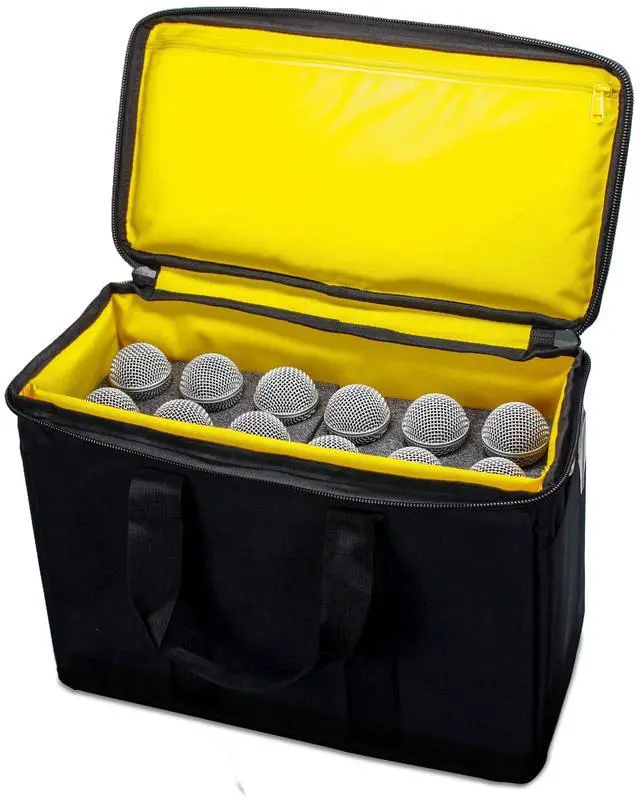 Main image of 12 Slot Microphone Case with Foam | Rugged Padded Bag For Wired and Wireless Mics | 16" x 11" x 7.75"