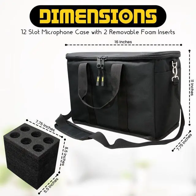Alt view image 3 of 7 - 12 Slot Microphone Case with Foam | Rugged Padded Bag For Wired and Wireless Mics | 16" x 11" x 7.75"