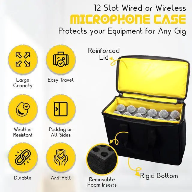 Alt view image 4 of 7 - 12 Slot Microphone Case with Foam | Rugged Padded Bag For Wired and Wireless Mics | 16" x 11" x 7.75"