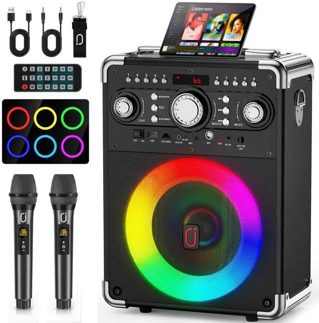 Main image of Karaoke Machine, Portable Bluetooth 5.3 Speaker with 2 Wireless Microphones for Adults, PA System with Echo Adjustment, Support TWS/TF Card/USB/AUX/TVs Connected for Home Party/Outdoor/Events etc