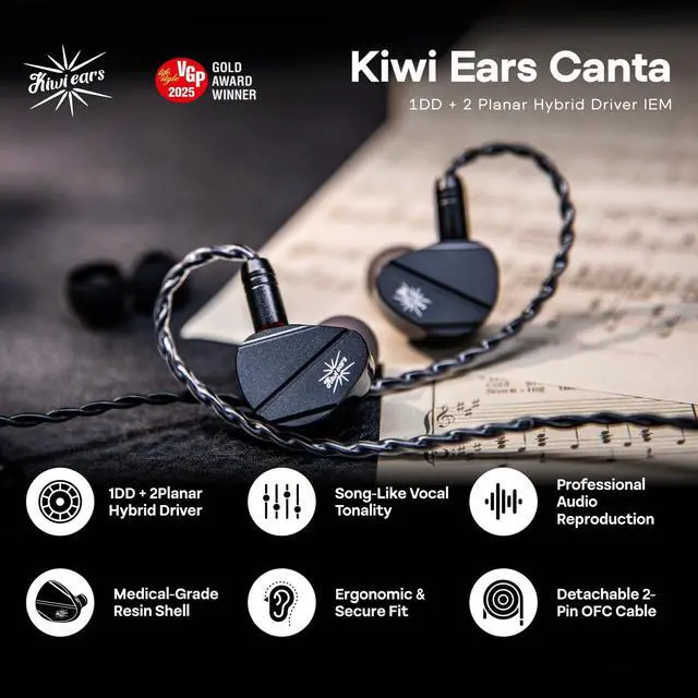 Alt view image 2 of 7 - Kiwi Ears Canta 1DD+2Planar Hybrid IEM in Ear Monitor | HiFi Wired Gaming Earbuds, with Song-like Tonality, Hand-made Shell, Detachable 2Pin IEM Cable for Musician Audiophile