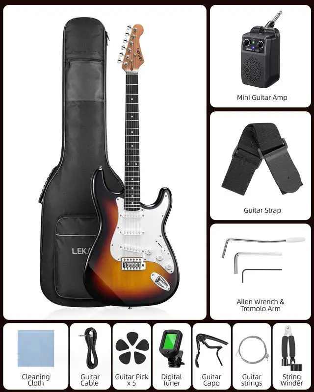Alt view image 2 of 7 - Beginner Electric Guitar Kit 39 Inch Full Size Solid Body Guitar SSS for Starter Roasted Maple Neck Stainless Steel Frets, 5w Plug-in Amp, Bag, Tuner, Capo, Strap, Picks, String, Cable-Sunburst