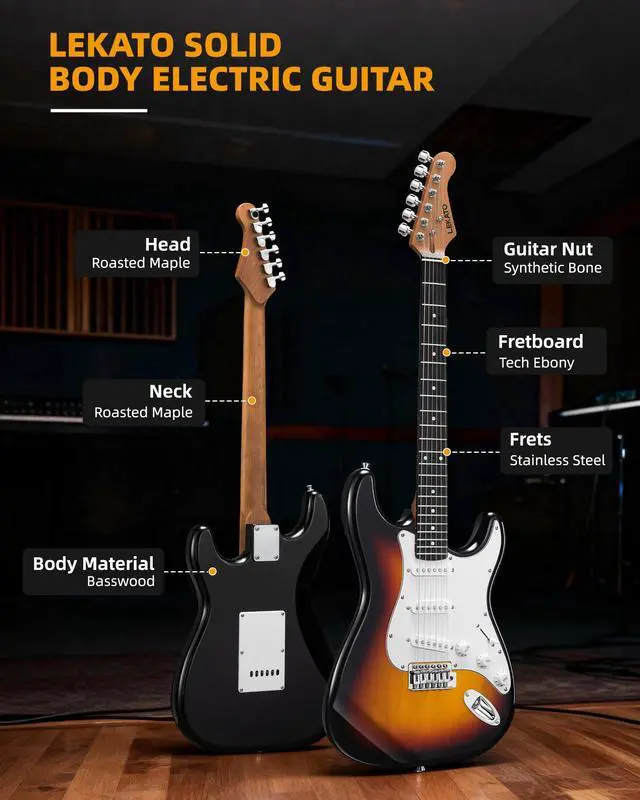 Alt view image 3 of 7 - Beginner Electric Guitar Kit 39 Inch Full Size Solid Body Guitar SSS for Starter Roasted Maple Neck Stainless Steel Frets, 5w Plug-in Amp, Bag, Tuner, Capo, Strap, Picks, String, Cable-Sunburst