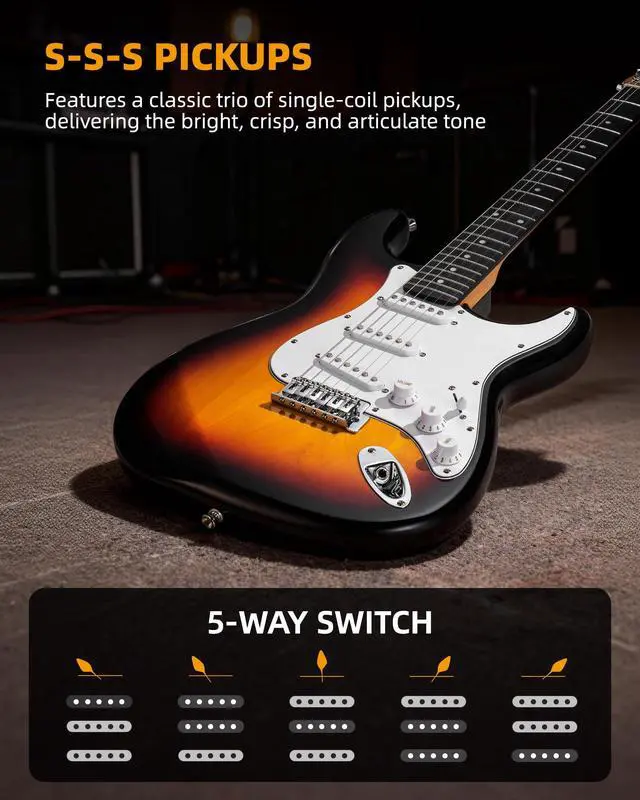 Alt view image 4 of 7 - Beginner Electric Guitar Kit 39 Inch Full Size Solid Body Guitar SSS for Starter Roasted Maple Neck Stainless Steel Frets, 5w Plug-in Amp, Bag, Tuner, Capo, Strap, Picks, String, Cable-Sunburst