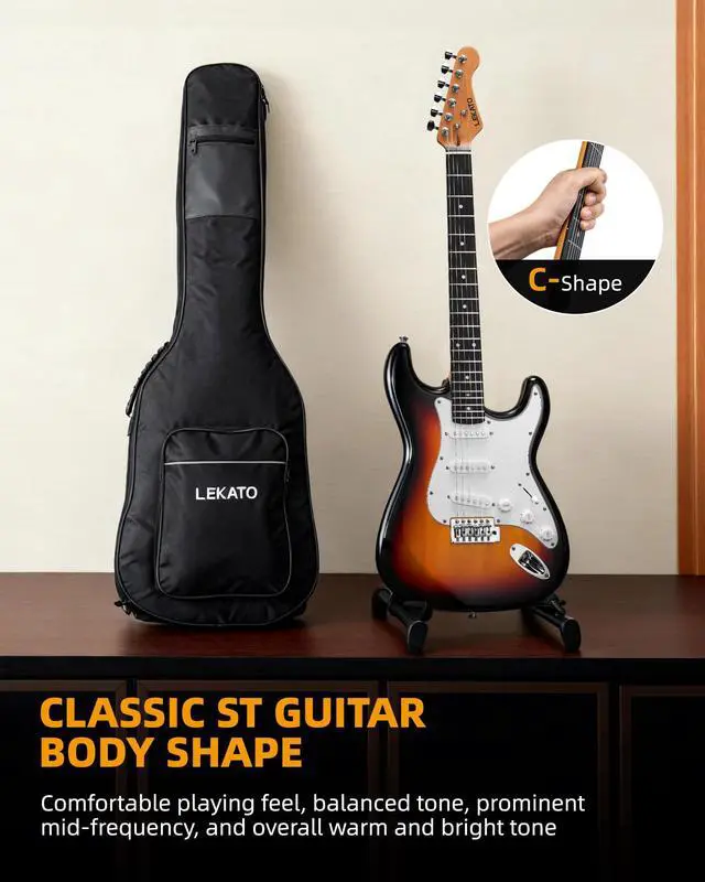 Alt view image 6 of 7 - Beginner Electric Guitar Kit 39 Inch Full Size Solid Body Guitar SSS for Starter Roasted Maple Neck Stainless Steel Frets, 5w Plug-in Amp, Bag, Tuner, Capo, Strap, Picks, String, Cable-Sunburst