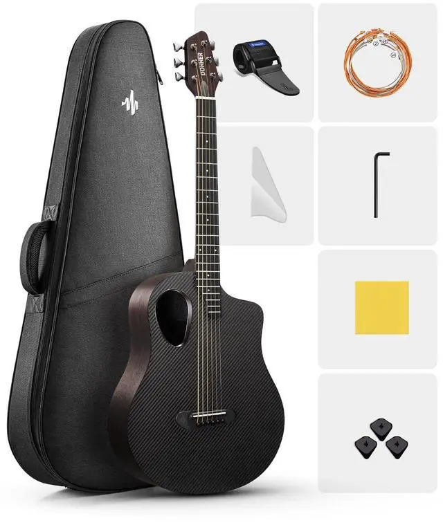 Main image of Acoustic Guitar Kits for Beginners, Intermediate Learners & Adults - 38" Steel-String Guitars with Carbon Fiber Top, Wooden Bowl, Includes Free Lessons, Case, Strap (Satin, Black)