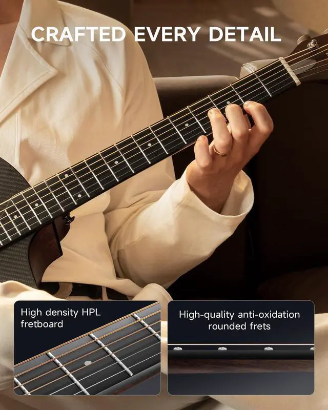 Alt view image 3 of 6 - Acoustic Guitar Kits for Beginners, Intermediate Learners & Adults - 38" Steel-String Guitars with Carbon Fiber Top, Wooden Bowl, Includes Free Lessons, Case, Strap (Satin, Black)