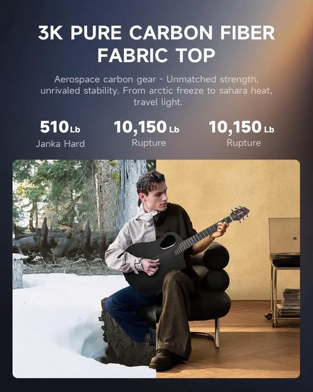 Alt view image 4 of 6 - Acoustic Guitar Kits for Beginners, Intermediate Learners & Adults - 38" Steel-String Guitars with Carbon Fiber Top, Wooden Bowl, Includes Free Lessons, Case, Strap (Satin, Black)
