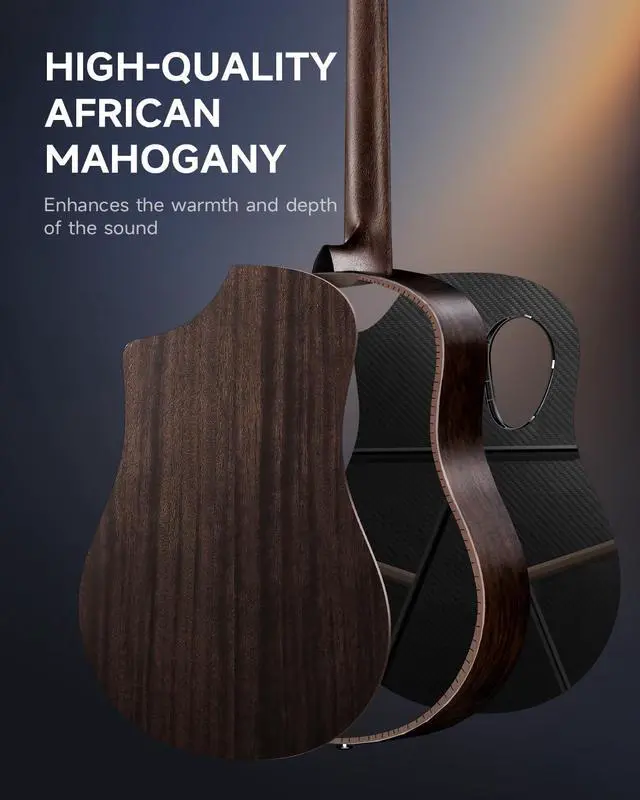 Alt view image 5 of 6 - Acoustic Guitar Kits for Beginners, Intermediate Learners & Adults - 38" Steel-String Guitars with Carbon Fiber Top, Wooden Bowl, Includes Free Lessons, Case, Strap (Satin, Black)