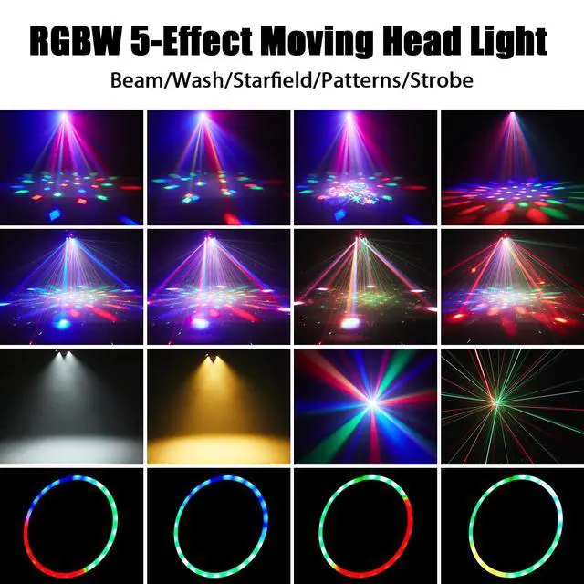 Alt view image 2 of 7 - Moving Head DJ Lights,5 in 1 Stage Party Lights with RGBW Halo Ring 6 Arms Beam,Red Green Starry,Pattern White & Amber Strobe Effects,Sound Activated DMX512 & Remote for Disco Club Wedding Bar