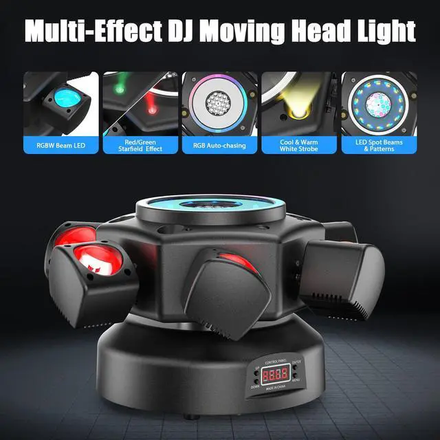 Alt view image 3 of 7 - Moving Head DJ Lights,5 in 1 Stage Party Lights with RGBW Halo Ring 6 Arms Beam,Red Green Starry,Pattern White & Amber Strobe Effects,Sound Activated DMX512 & Remote for Disco Club Wedding Bar