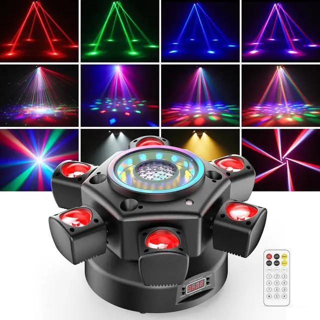 Main image of Moving Head DJ Lights,5 in 1 Stage Party Lights with RGBW Halo Ring 6 Arms Beam,Red Green Starry,Pattern White & Amber Strobe Effects,Sound Activated DMX512 & Remote for Disco Club Wedding Bar