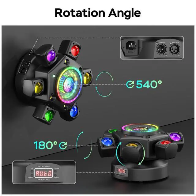 Alt view image 5 of 7 - Moving Head DJ Lights,5 in 1 Stage Party Lights with RGBW Halo Ring 6 Arms Beam,Red Green Starry,Pattern White & Amber Strobe Effects,Sound Activated DMX512 & Remote for Disco Club Wedding Bar